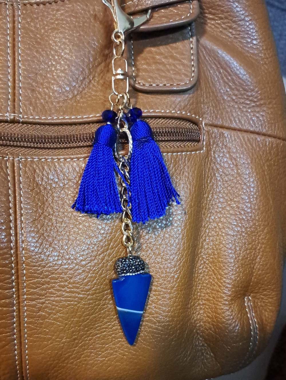Hanc Crafted Royal Blue Tassel & Stone Bag Purse Charm Keychain